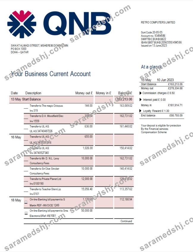 QNB Bank company account statement Word and PDF template